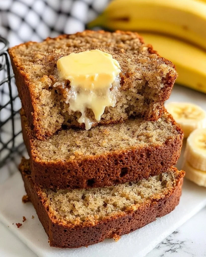 Delicious moist banana bread with ripe bananas, perfect for breakfast or snacks.
