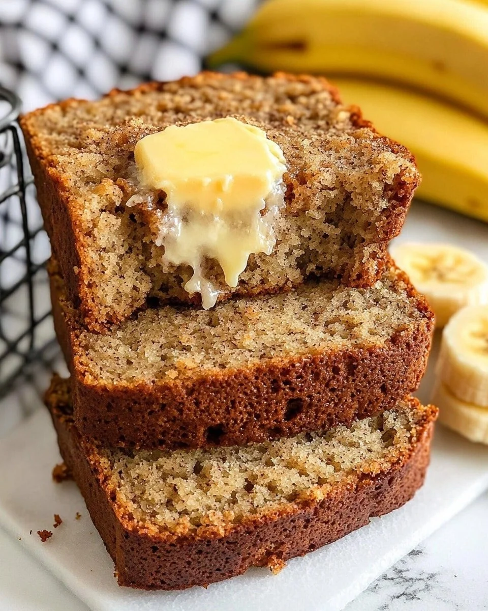 Delicious moist banana bread with ripe bananas, perfect for breakfast or snacks.
