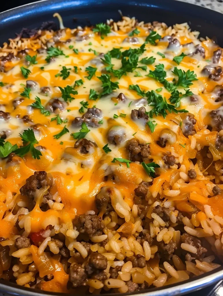 One-Pan Cheesy Hamburger Rice dish served in a skillet