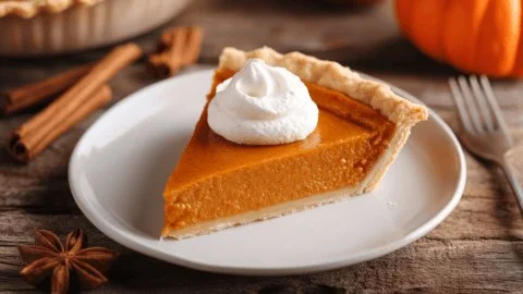 Delicious freshly baked perfect pumpkin pie on a wooden table