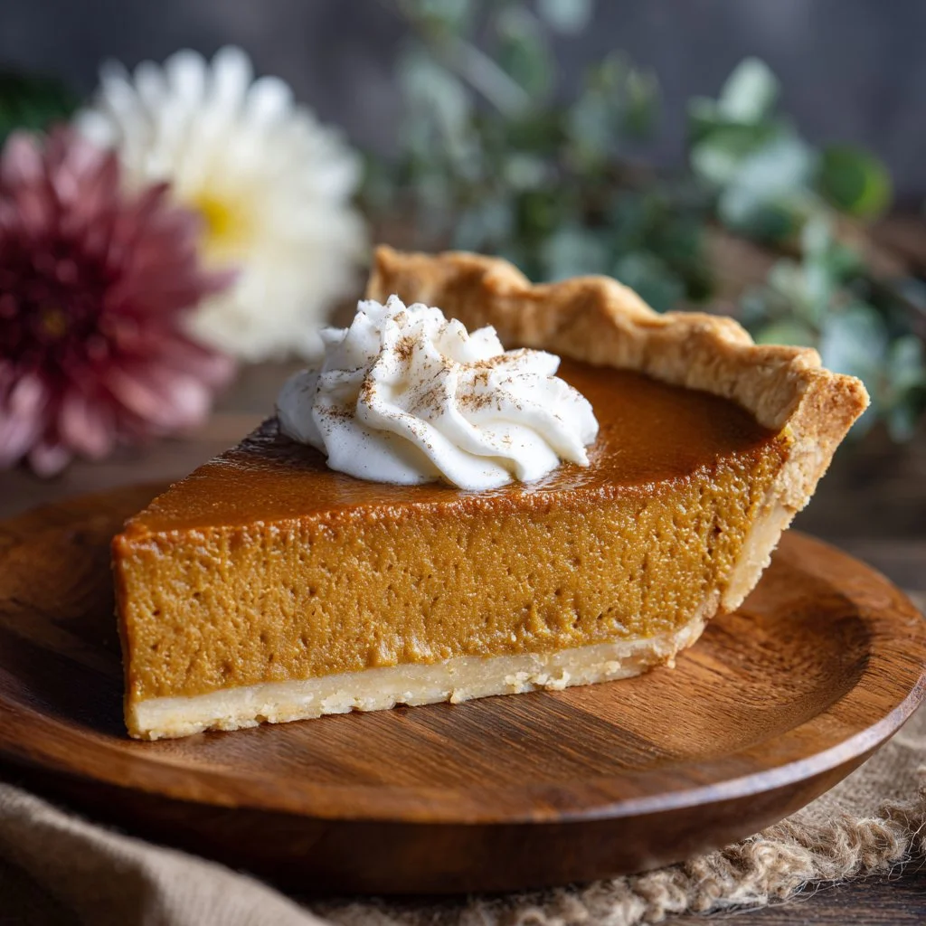 Perfect pumpkin pie freshly baked and served with whipped cream.