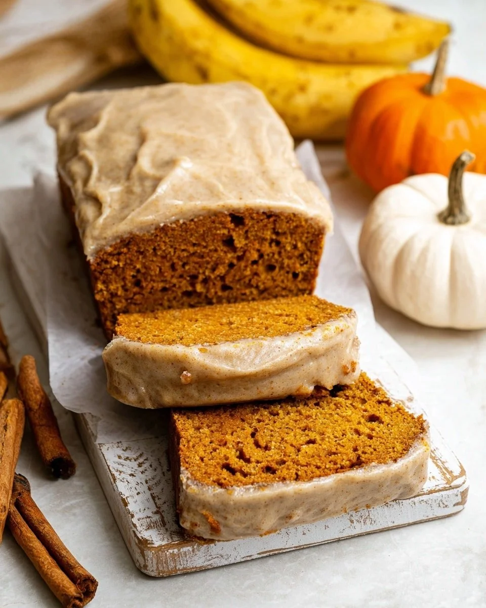 Slice of Pumpkin Banana Bread drizzled with Maple Glaze on a plate