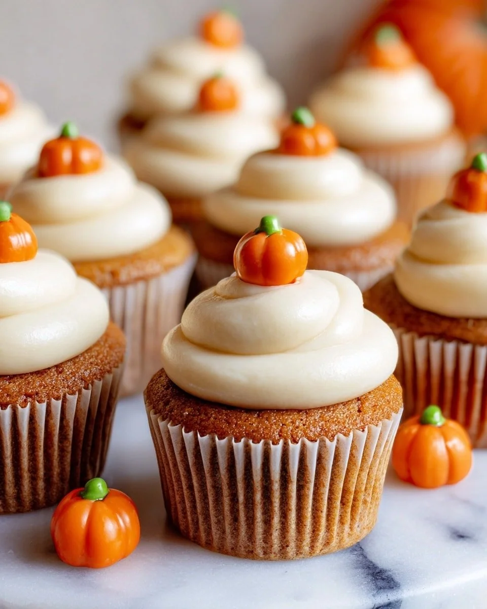 Pumpkin cupcakes with brown sugar cream cheese frosting on a white plate