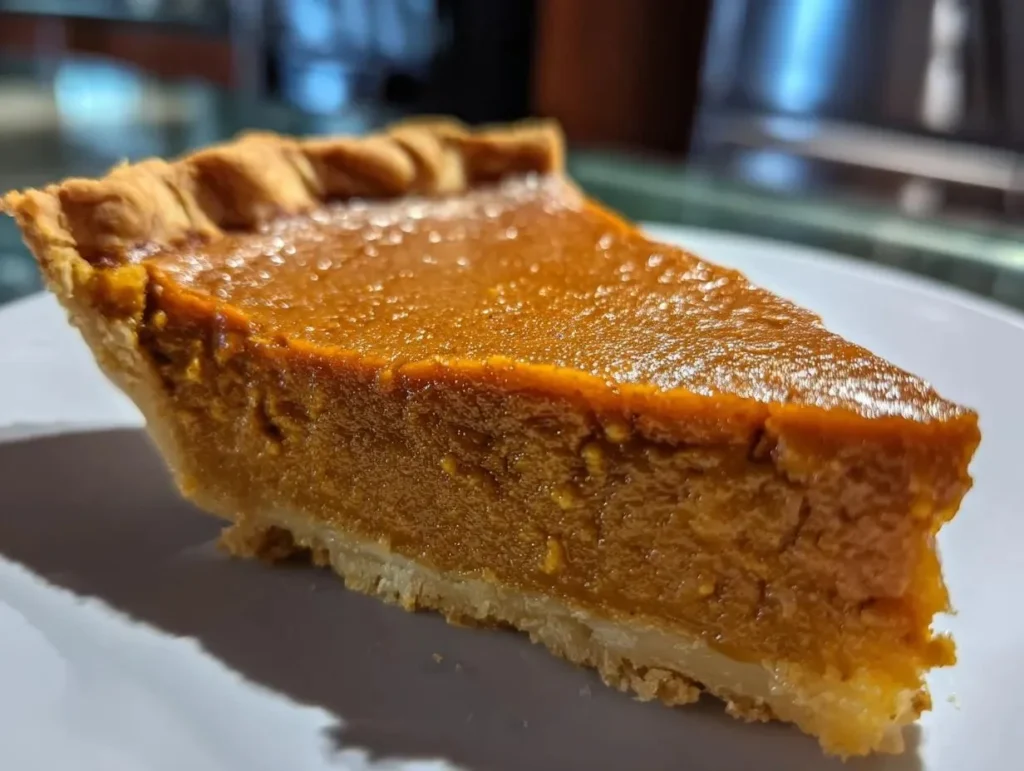 Homemade pumpkin pie with whipped cream on a wooden table