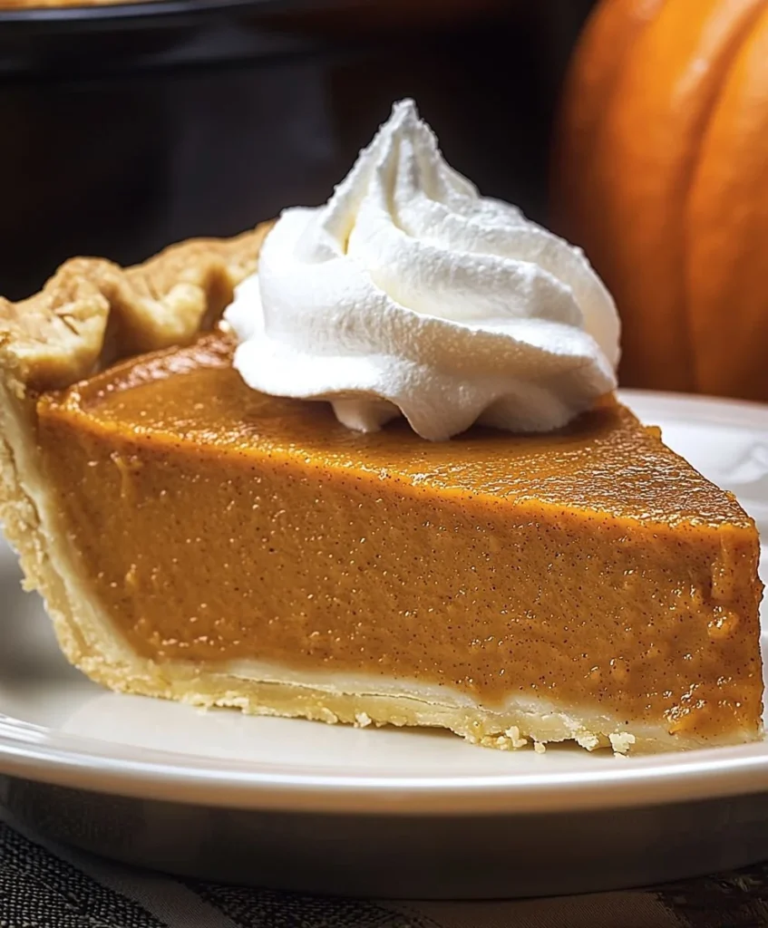 Homemade pumpkin pie topped with whipped cream on a rustic wooden table.