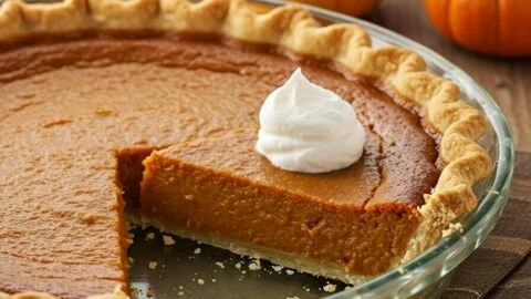 Delicious pumpkin pie with cranberries on a rustic wooden table
