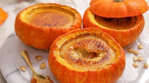 Delicious pumpkin spice crème brûlée served in a decorative dish