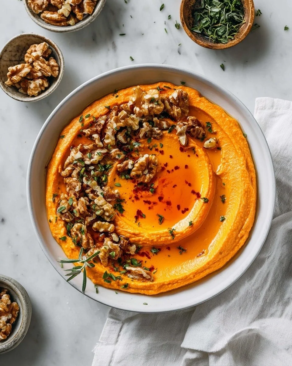 A bowl of creamy Pumpkin Whipped Feta Dip served with fresh vegetables and crackers.