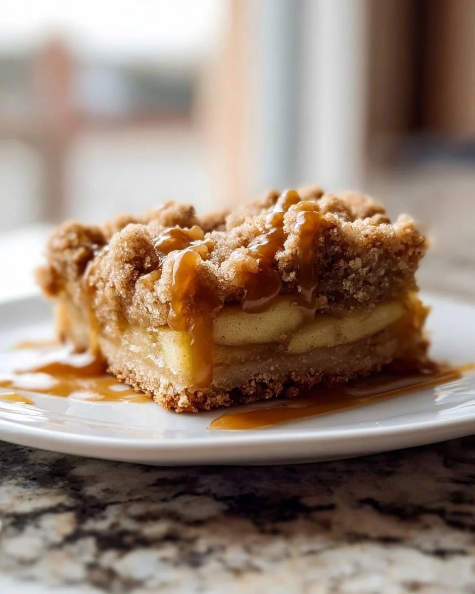 Salted Caramel Apple Crumble Bars topped with caramel sauce and fresh apples
