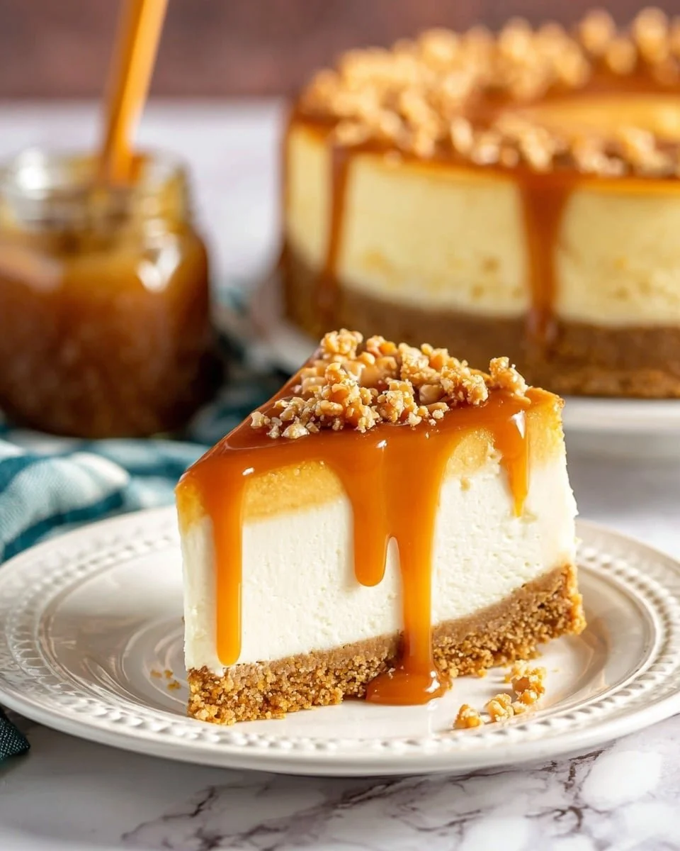 Delicious Salted Caramel Cheesecake topped with caramel drizzle and sea salt