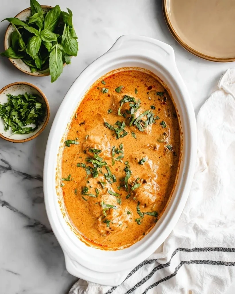 Slow cooker creamy tomato basil chicken served with fresh basil garnish.