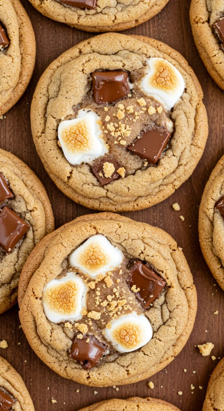 Delicious homemade S'mores Cookies with chocolate, marshmallows, and graham crackers