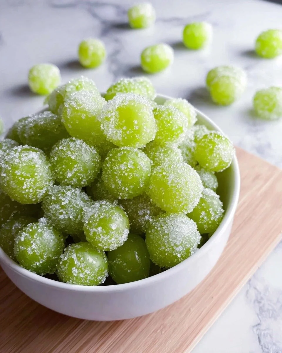 Sour frozen candy grapes on a plate, a refreshing and sweet snack.