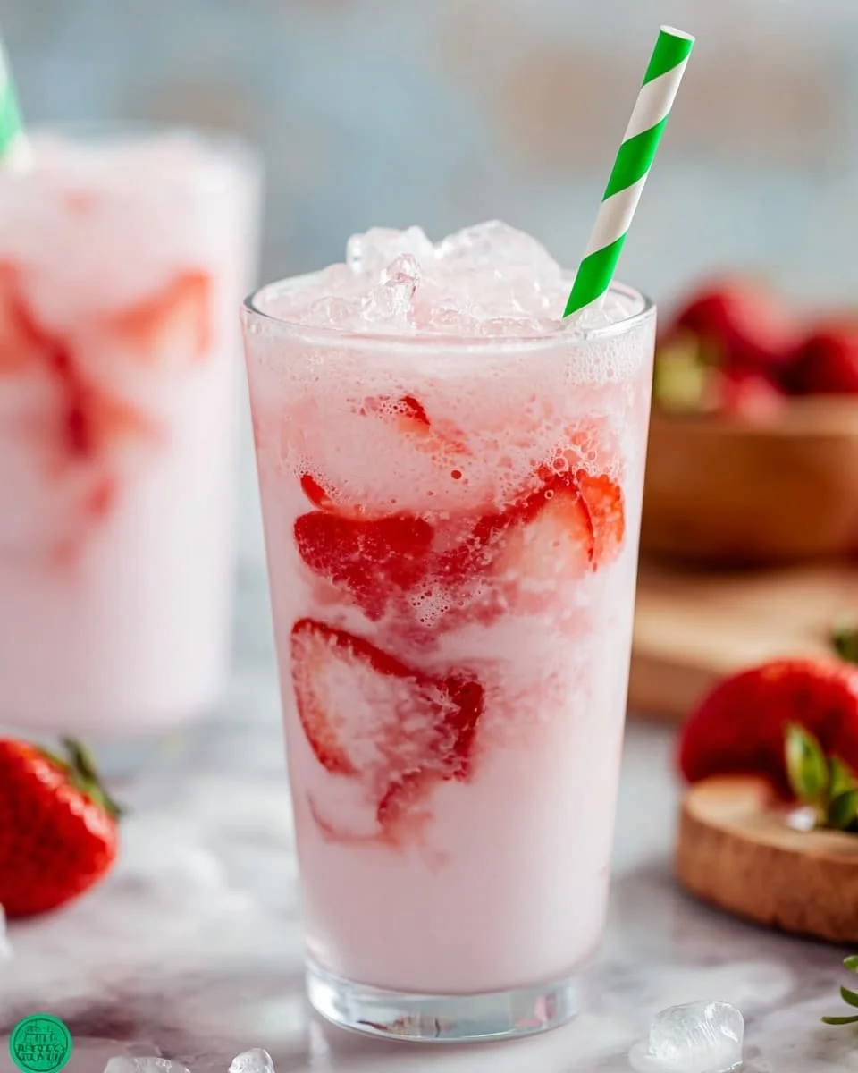 Starbucks' Pink Drink with strawberries and coconut milk in a clear cup
