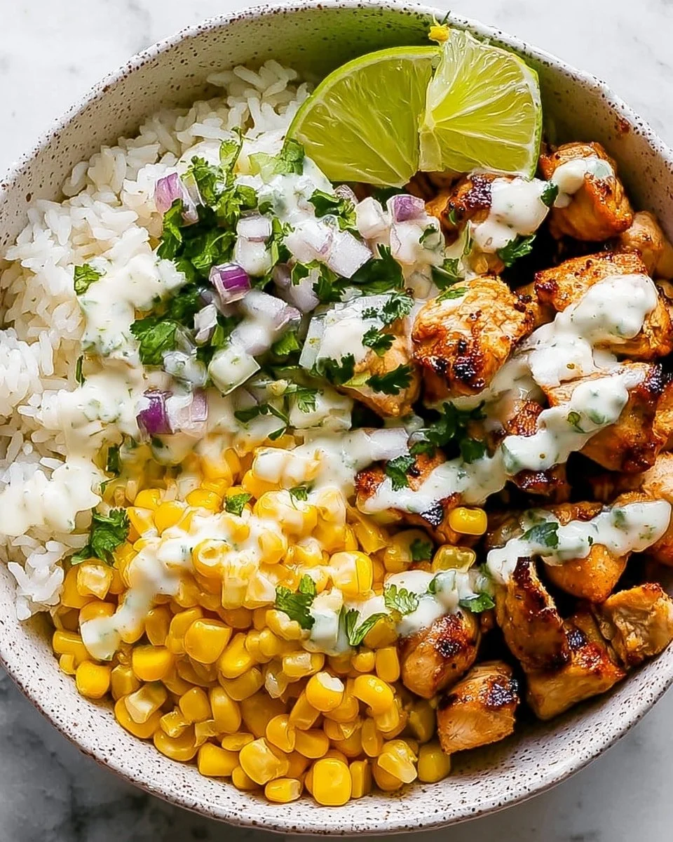 Delicious Street Corn Chicken Rice Bowl with chicken, corn, and rice