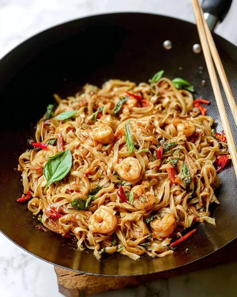 Plate of Street Style Thai Drunken Noodles with fresh vegetables and spices.