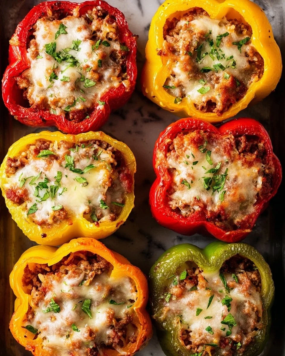 Colorful stuffed bell peppers filled with rice, meat, and vegetables.