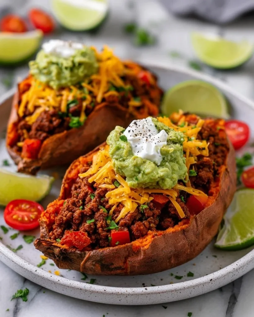 Delicious taco stuffed sweet potatoes topped with fresh ingredients