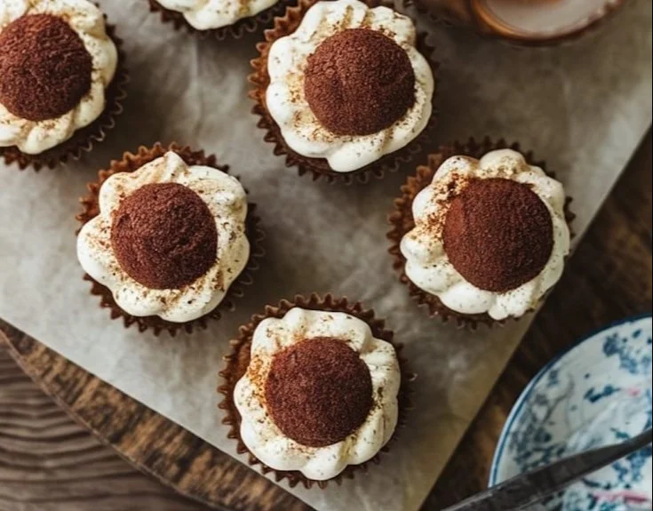 Delicious tiramisu cookie cups topped with creamy mascarpone and cocoa powder.