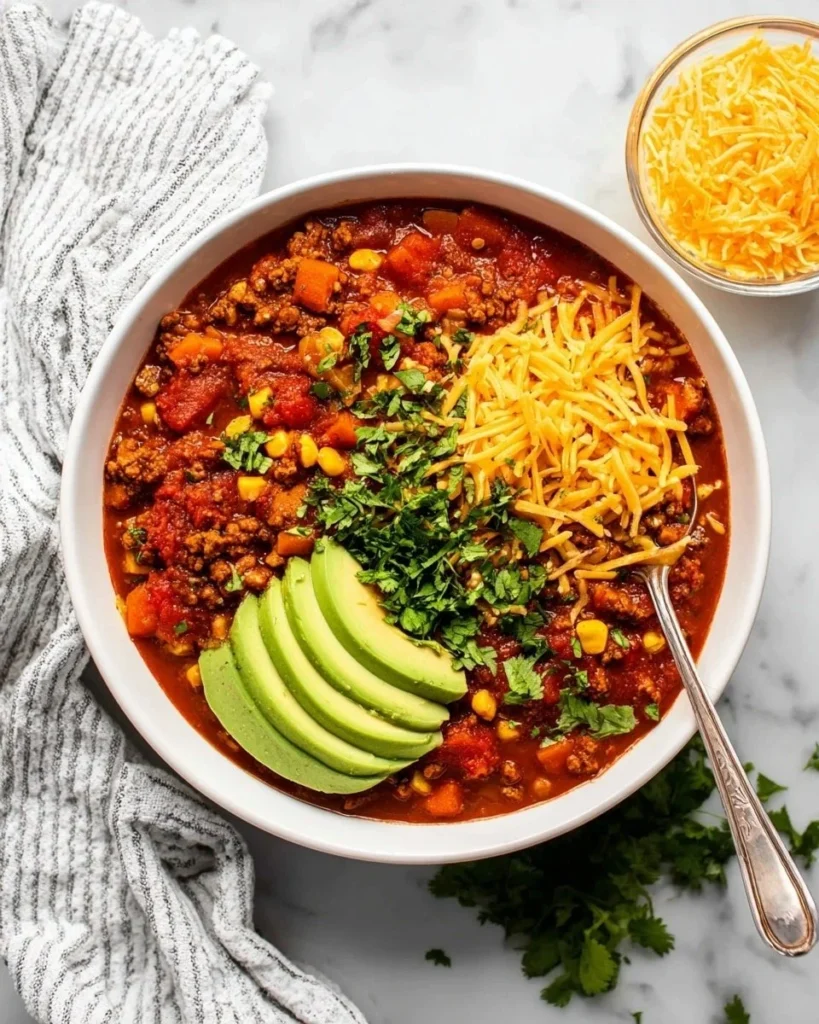 Bowl of turkey sweet potato chili garnished with cilantro and avocado