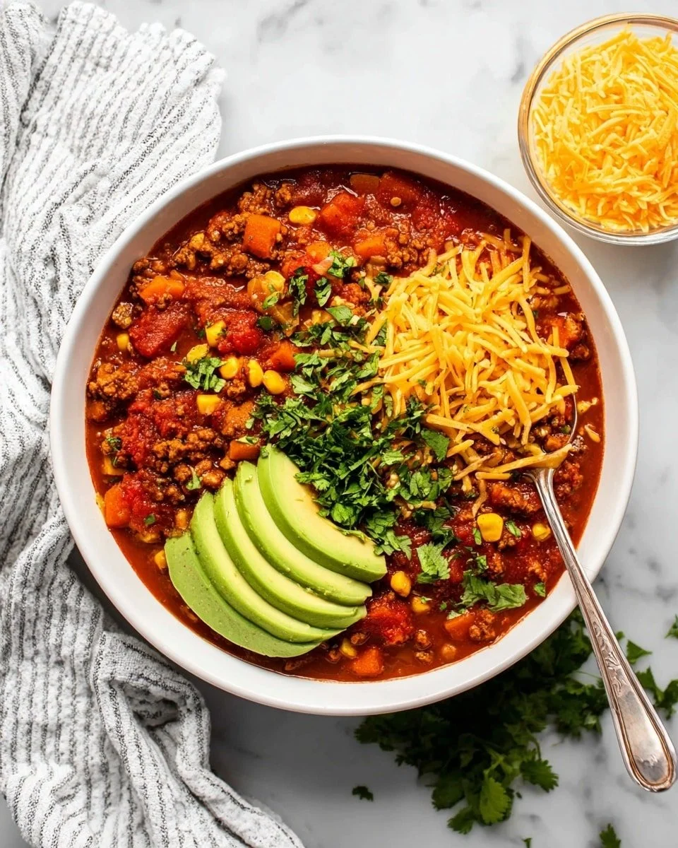 Bowl of turkey sweet potato chili garnished with cilantro and avocado