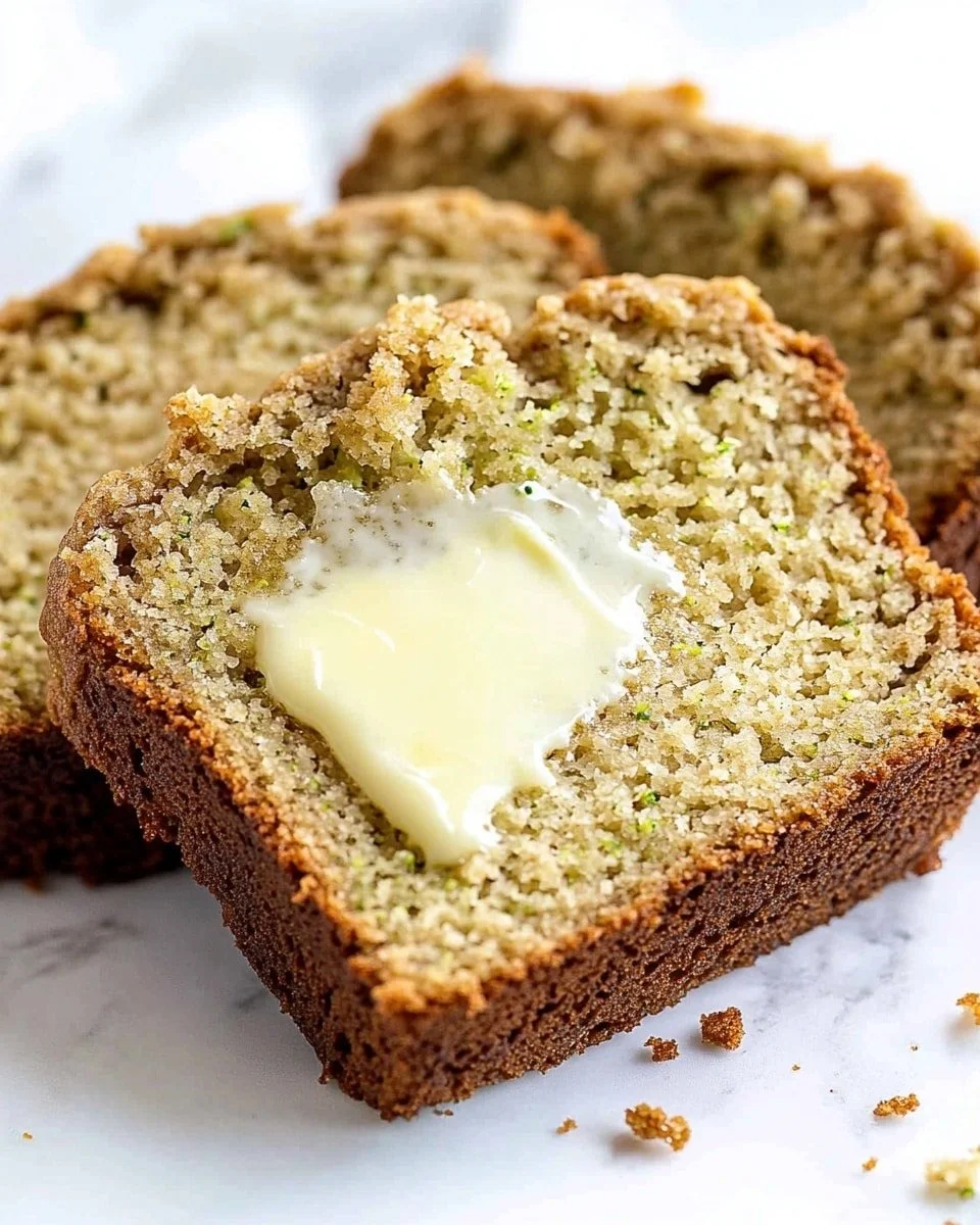 Freshly baked zucchini bread loaf with slices on a cutting board